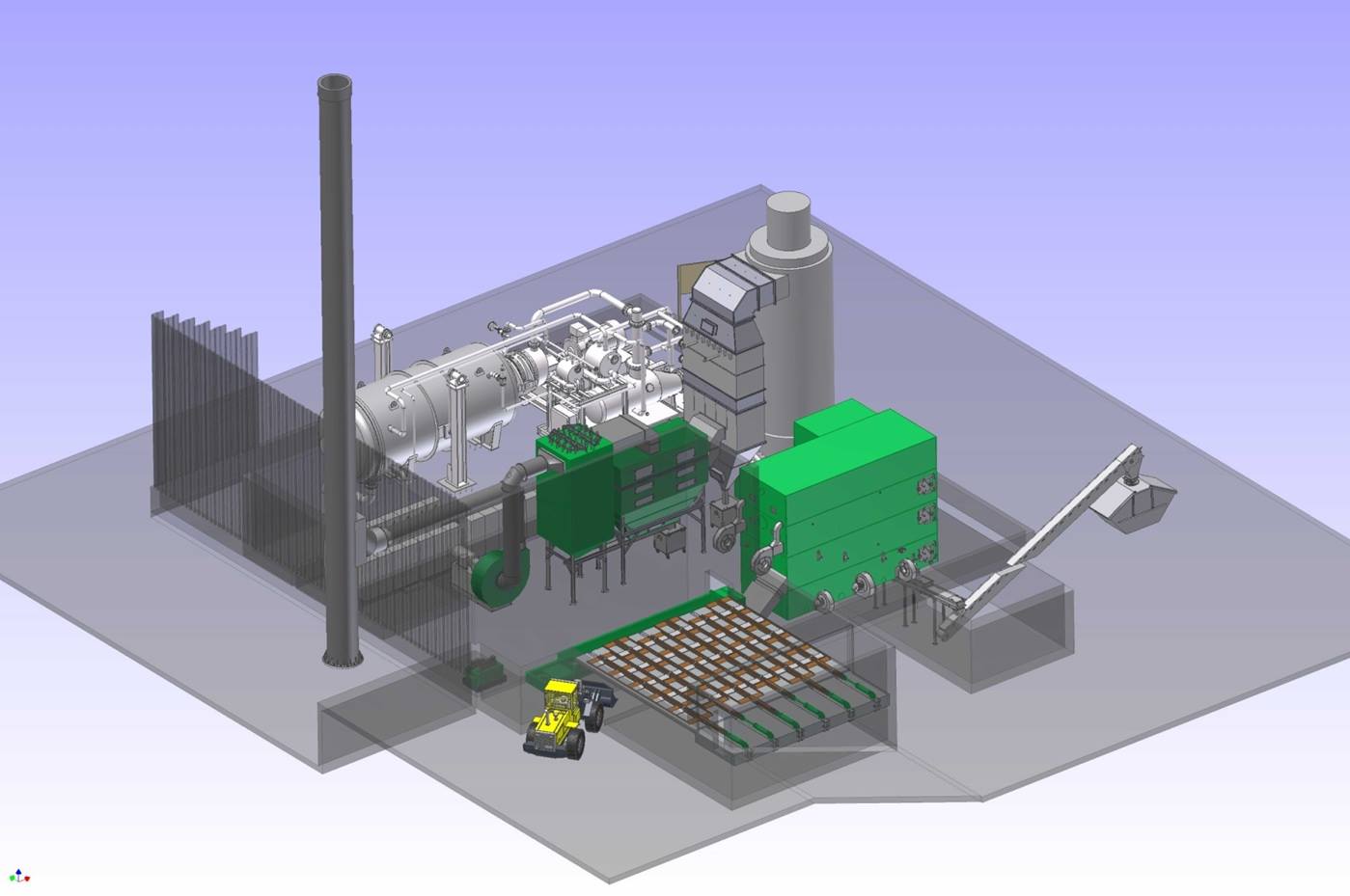 Tepláreň na drevnú štiepku – 3D model technologického celku